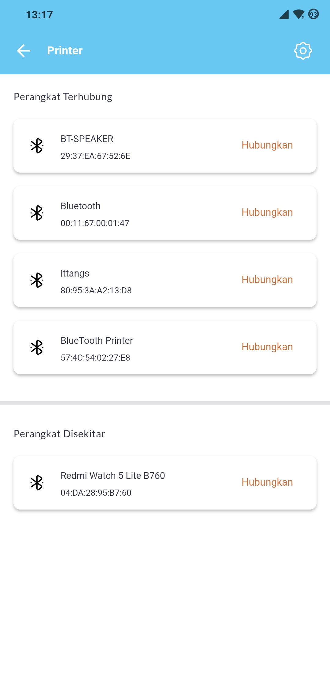 Daftar perangkat bluetooth terhubung dan disekitar di menu Printer