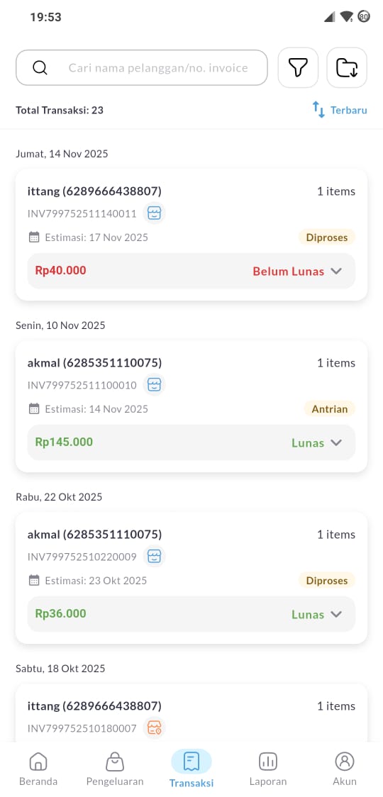 Daftar transaksi di aplikasi mobile Fleffy
