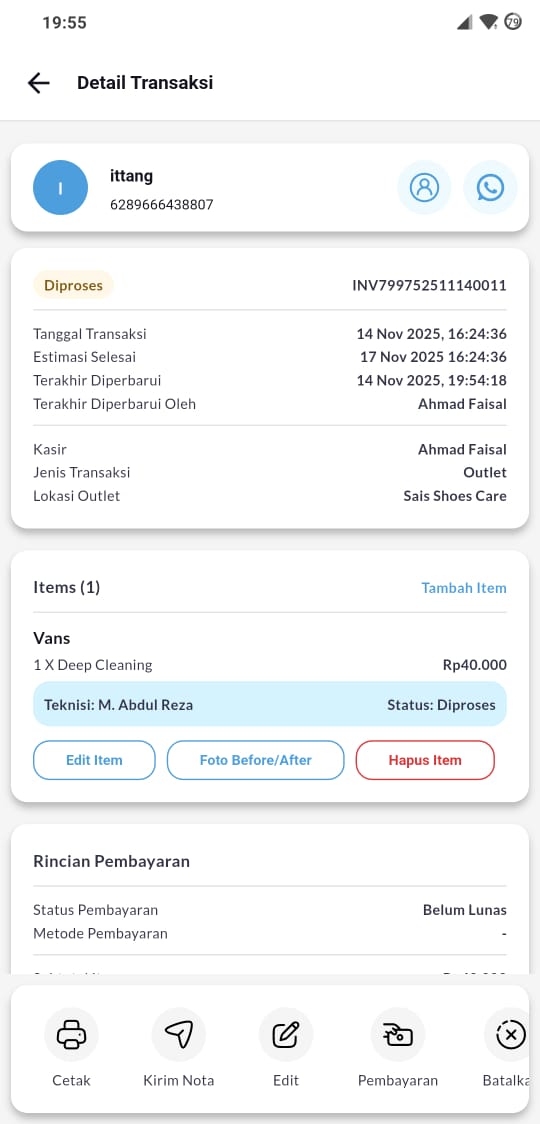 Halaman detail transaksi menampilkan item, status, dan rincian pembayaran