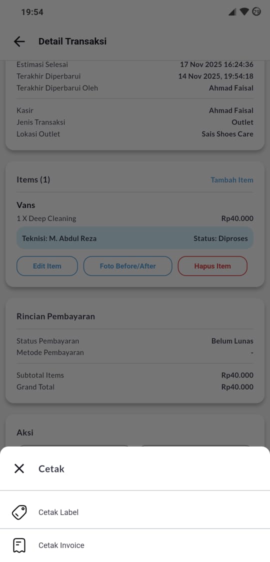 Menu cetak label dan invoice