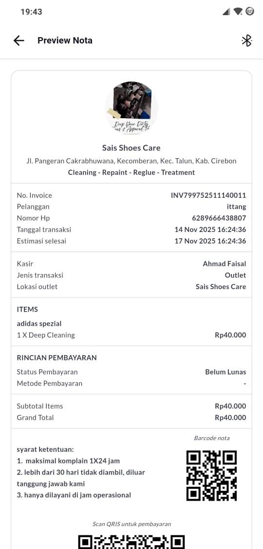 Preview nota yang siap dikirim ke pelanggan