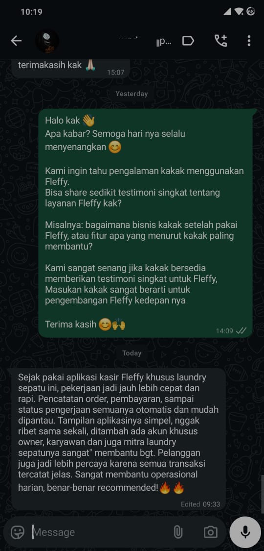 Percakapan WhatsApp dengan pengguna Fleffy, 1 dari 5