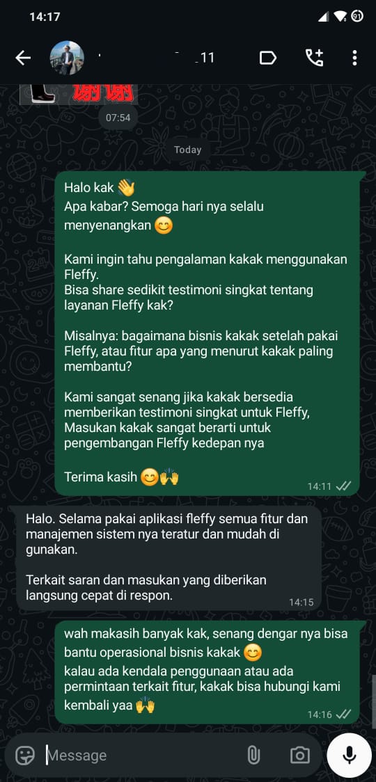 Percakapan WhatsApp dengan pengguna Fleffy, 2 dari 5