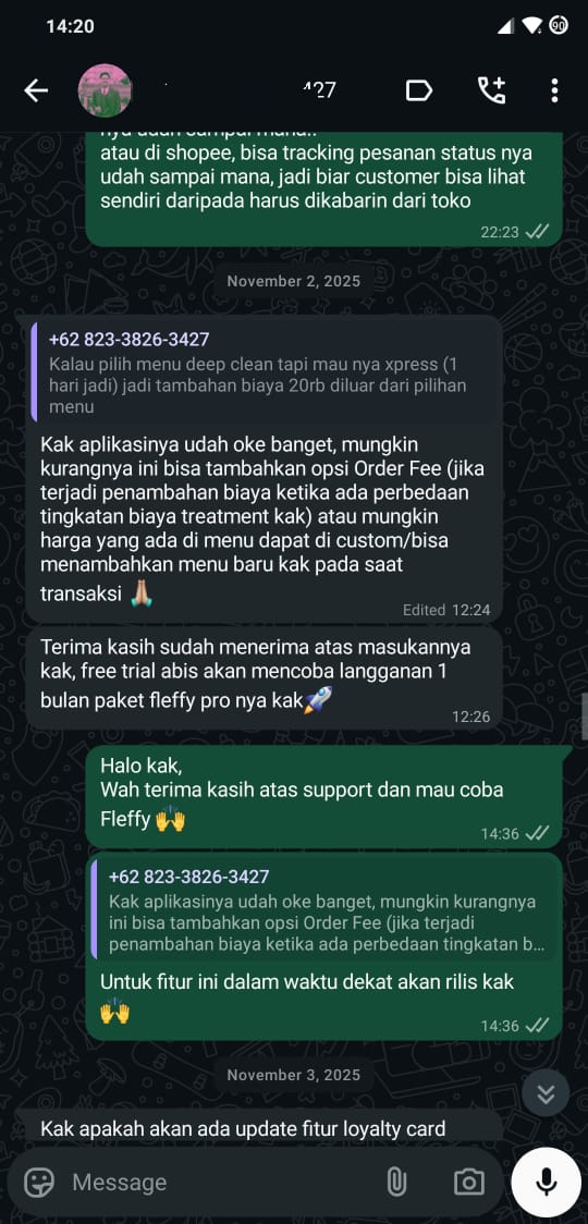 Percakapan WhatsApp dengan pengguna Fleffy, 4 dari 5