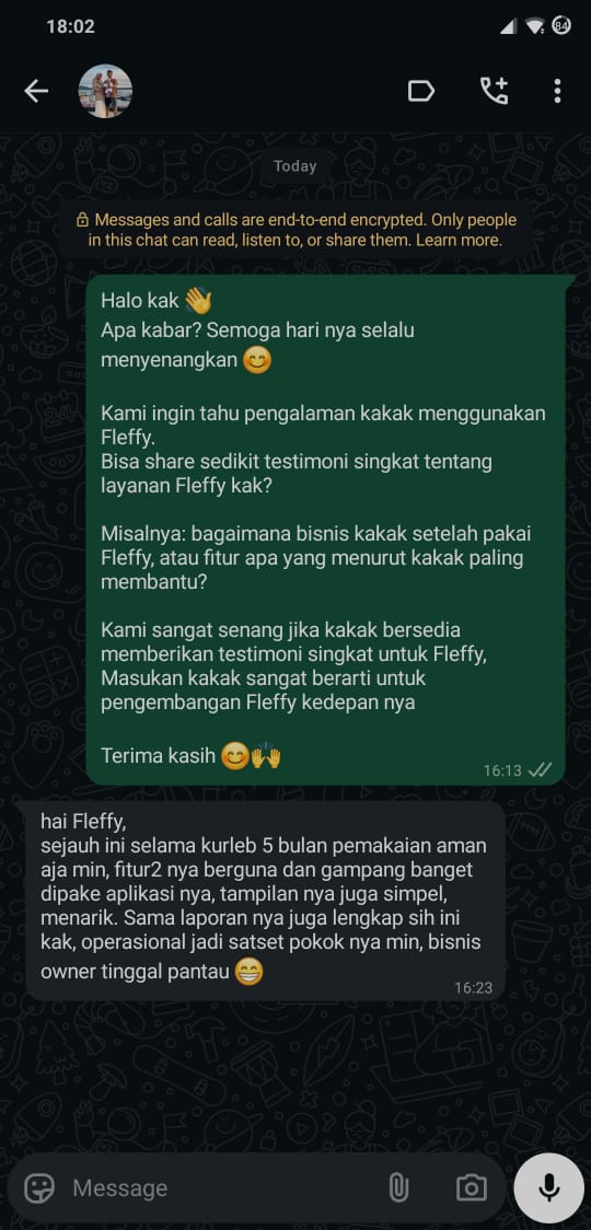 Percakapan WhatsApp dengan pengguna Fleffy, 5 dari 5